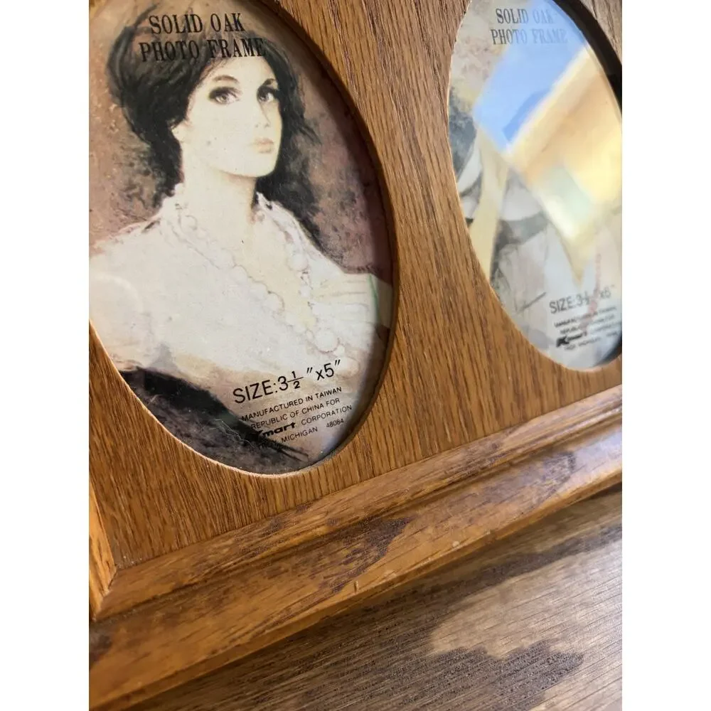 Vintage 1970s Picture Frame Solid Oak Wood Frame with 2 Oval 3.5x5